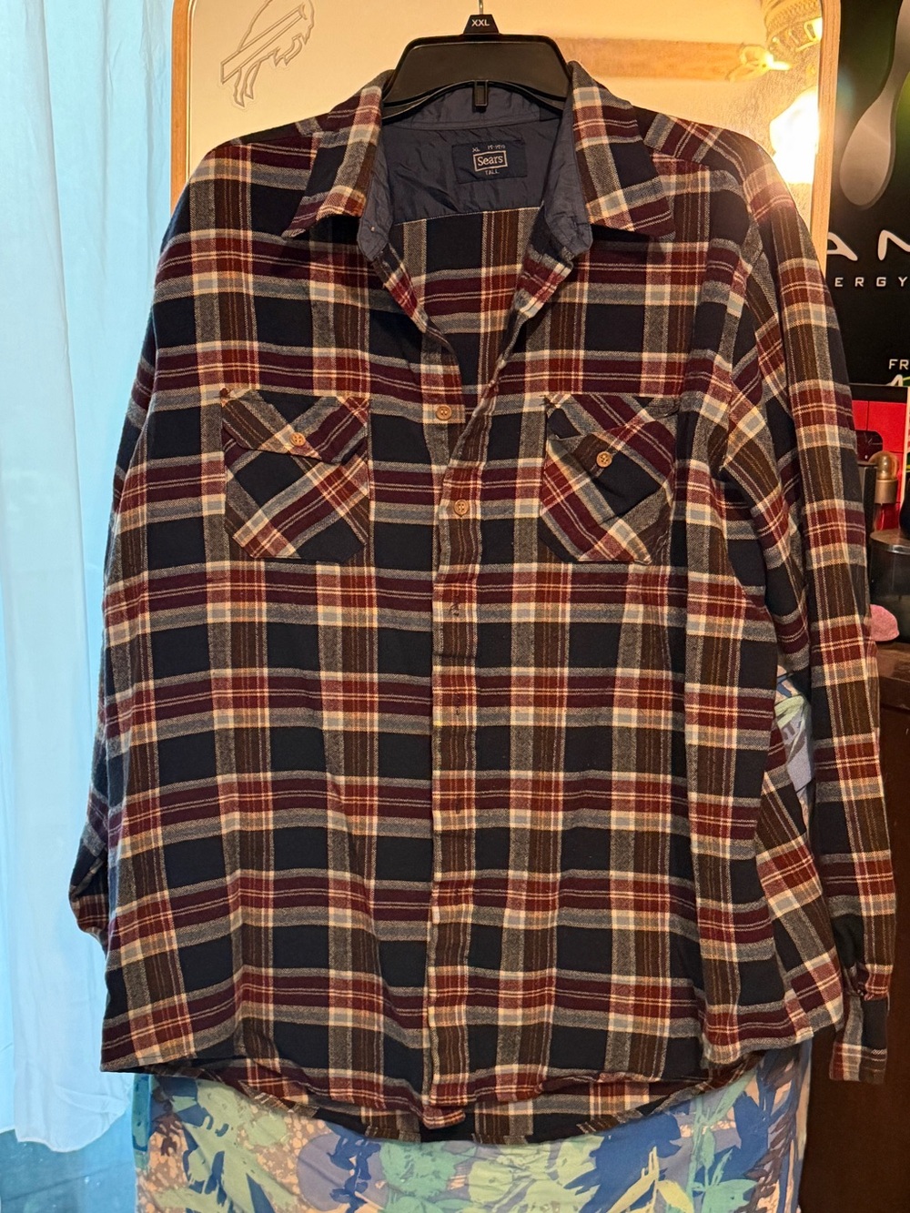 Vintage Sears Men's Plaid Flannel Shirt - Navy & Burgundy